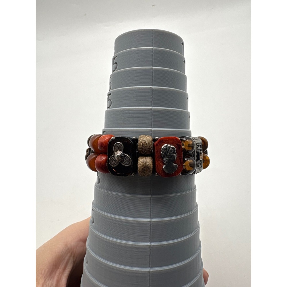 Bohemian Mixed Media Stretch Bracelet Silver Cameo Wood Resin Beads Brown Orange - Picture 5 of 7